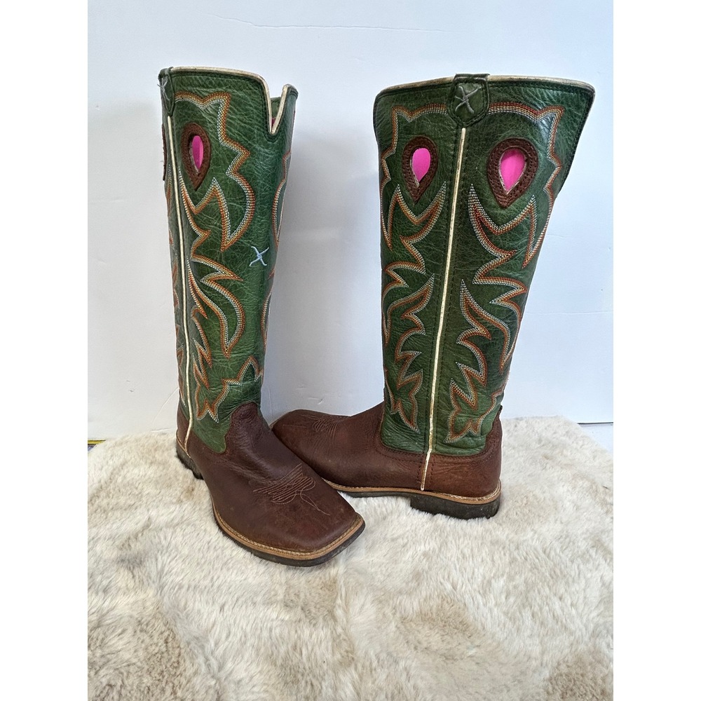 Twistedâ X Kids Ruff Stock Green Brown Leather Western Cowboy Boots YBK0005 4M